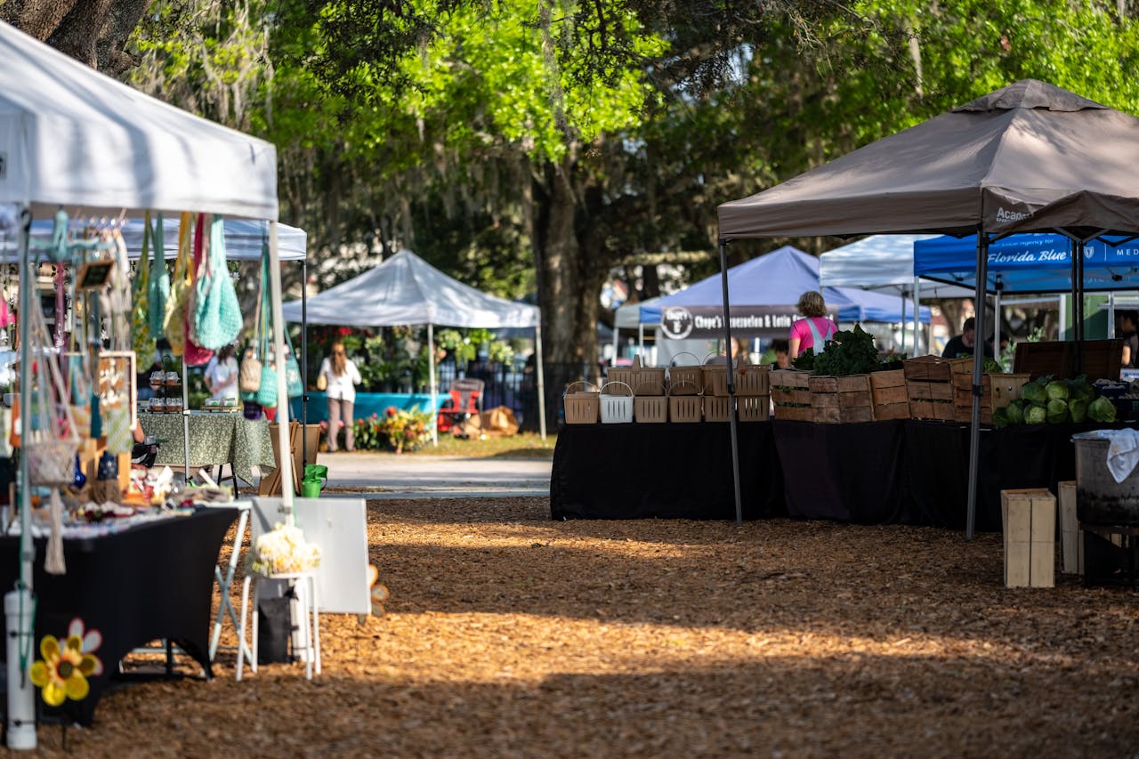 A lively outdoor market scene with vendor stalls and shoppers under trees.